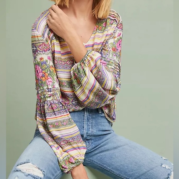 Anthropologie Maeve Ceresco Peasant Boho Top Floral Blouse long sleeve pink v - Picture 1 of 7